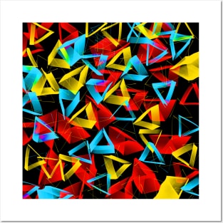 3D Red Yellow Blue Triangles on Black Abstract Posters and Art